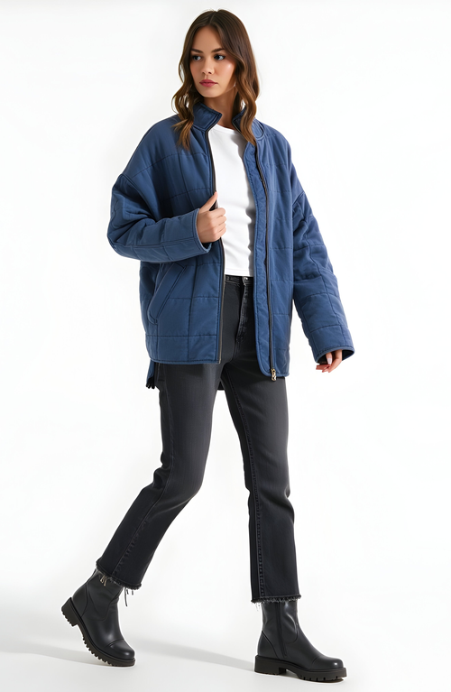 Modenaire Quilted Zip-up Jacket With Stand Collar And Square Stitch In Blue