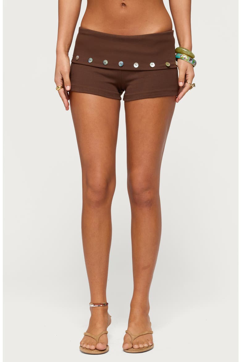 Masha Iridescent Button Low Rise Foldover Shorts, Main, color, BROWN