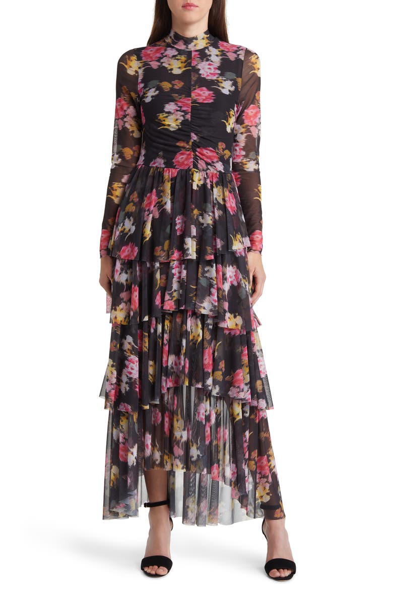 Tiloula Floral Ruched Long Sleeve Tiered Midi Dress, Main, color, BLACK