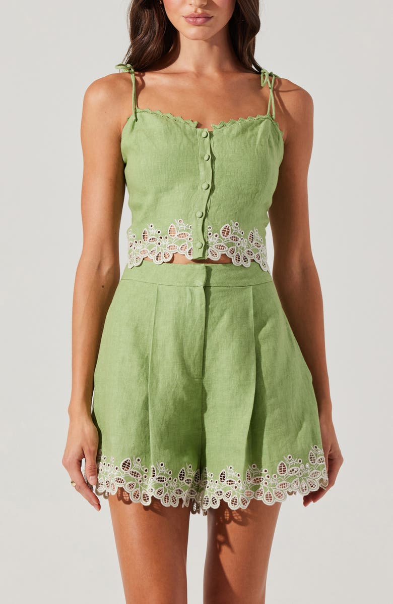 ASTR the Label Kiya Eyelet Hem Linen Shorts, Alternate, color, Avocado