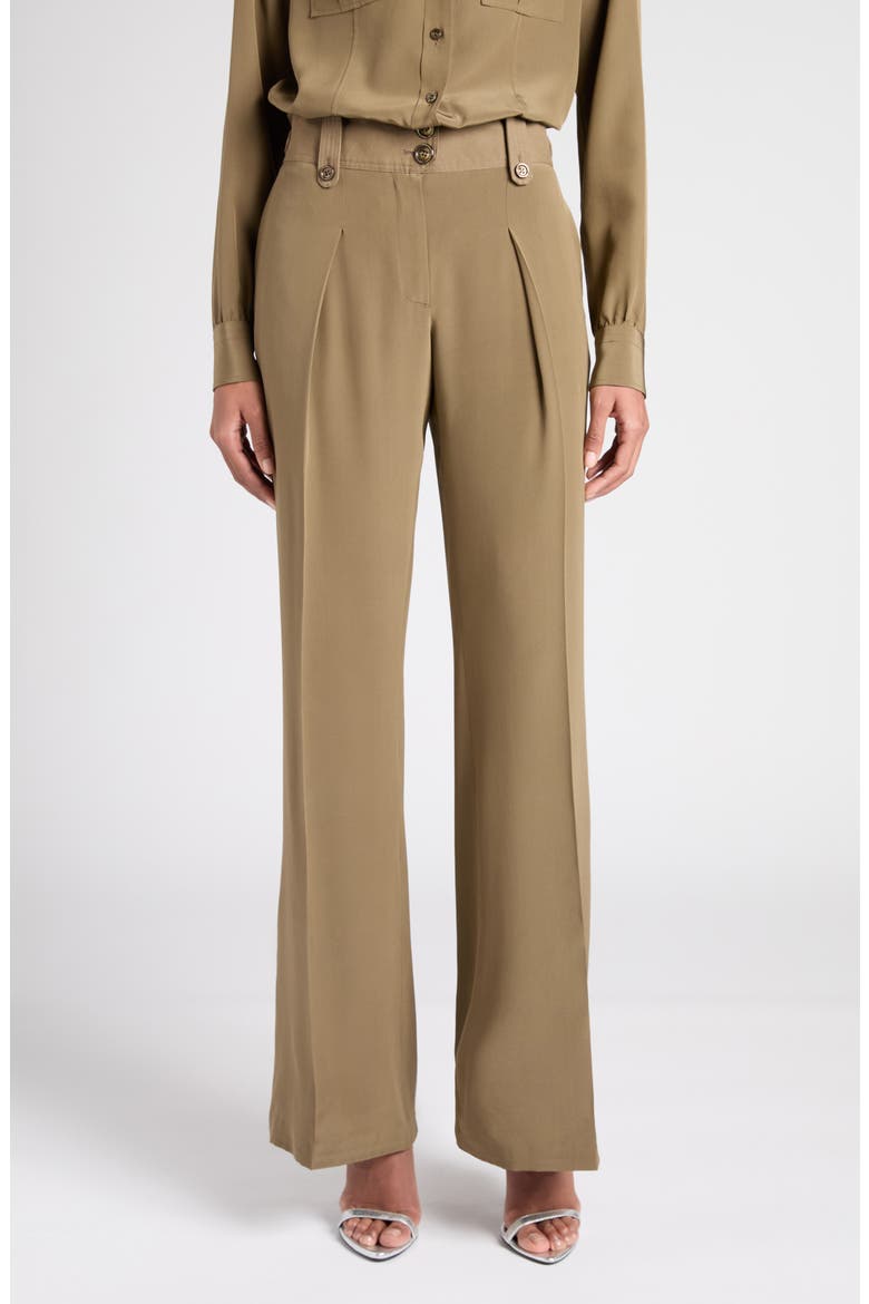 Pleated Wide Leg Silk Crêpe de Chine Pants, Main, color, FG501 KHAKI