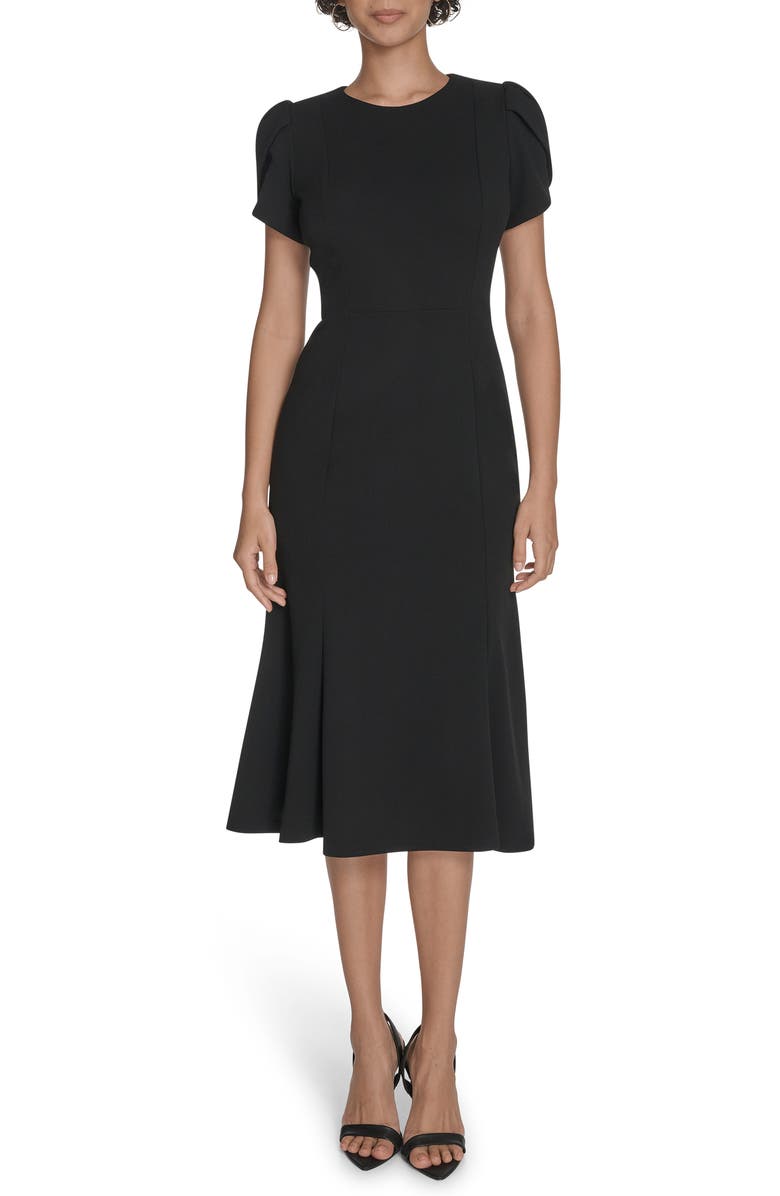 Calvin Klein Tulip Sleeve Crepe A-Line Midi Dress, Main, color, Black