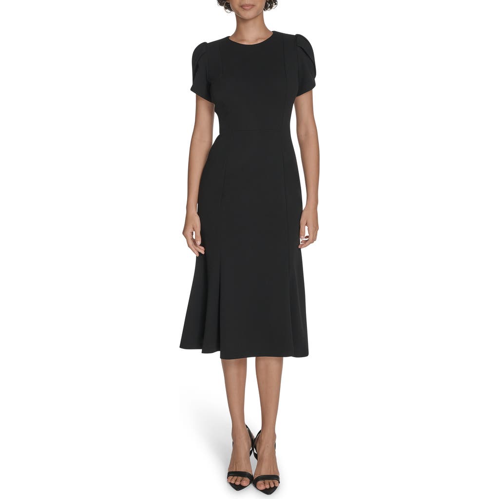 Calvin Klein Tulip Sleeve Crepe A-line Midi Dress In Black