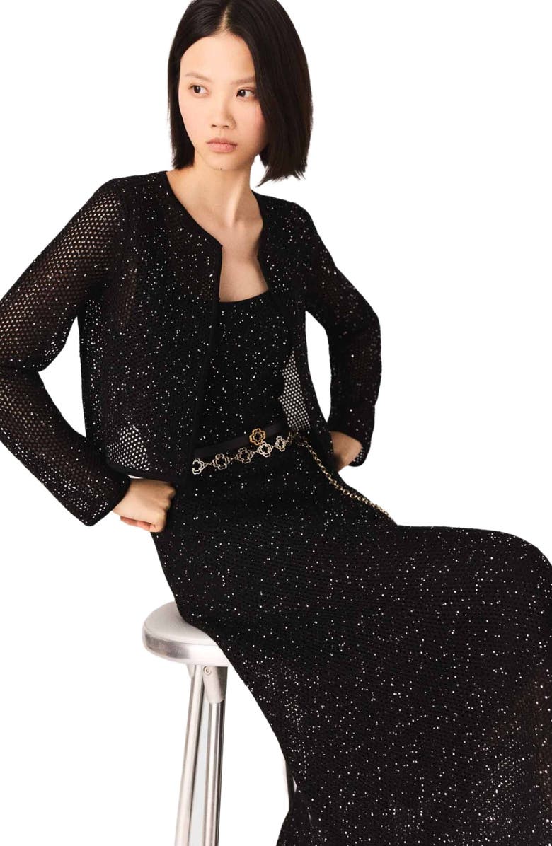 maje Rhinestone knit cardigan, Alternate, color, Black