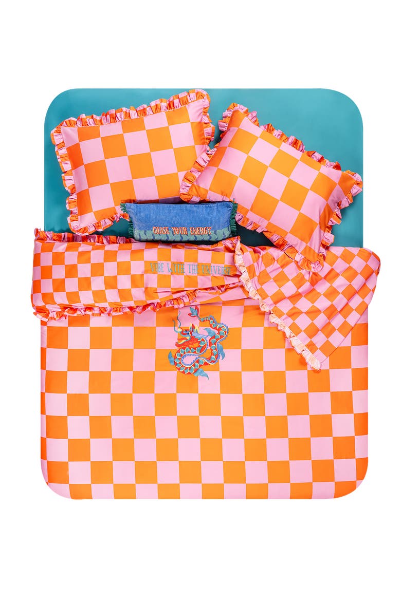 Lahor Modern Checked 300 TC Cotton Sateen King Duvet Set, Alternate, color, Orange