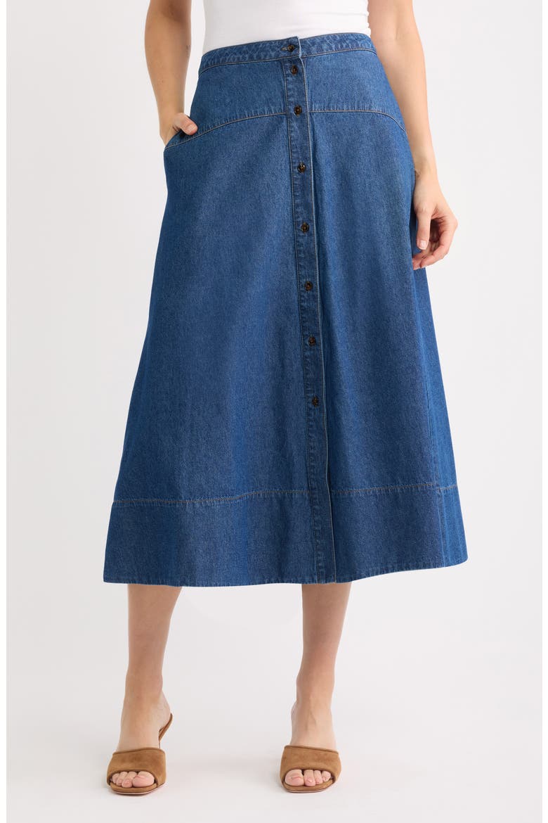 Button Front Denim Midi Skirt, Main, color, ARIES WASH