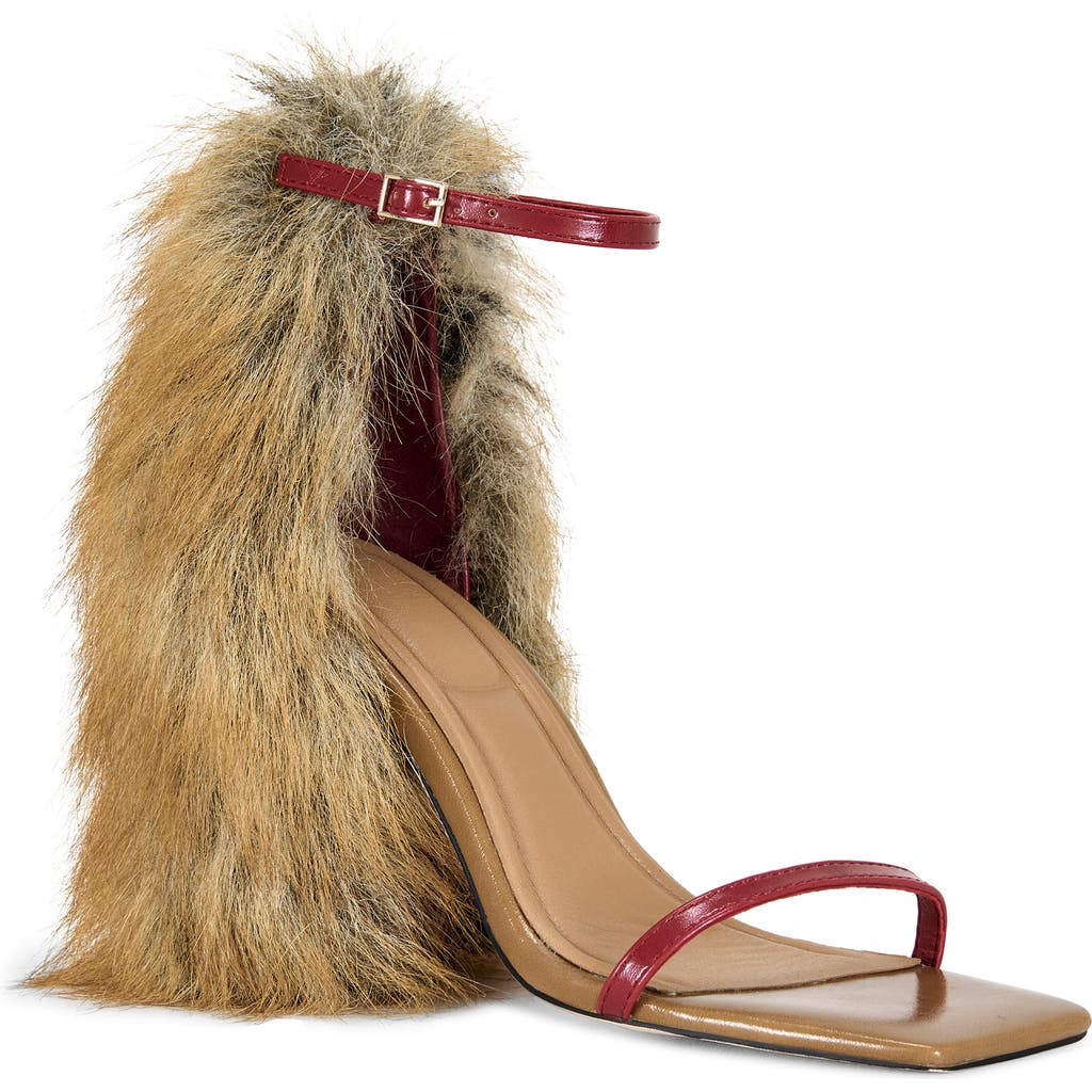 Azalea Wang Arette Faux Fur Block Heel Sandal In Brown