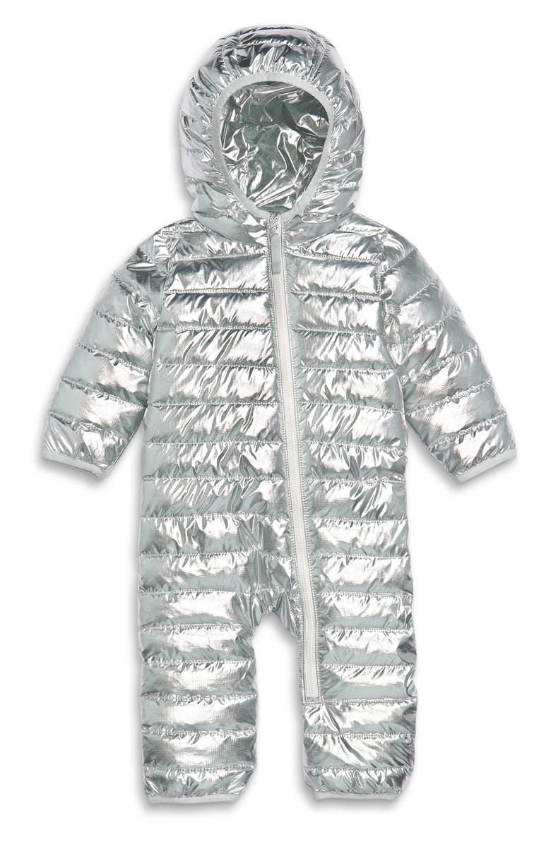 Primary Lightweight Water Repellent Metallic Puffer Snowsuit, Main, color, Silver