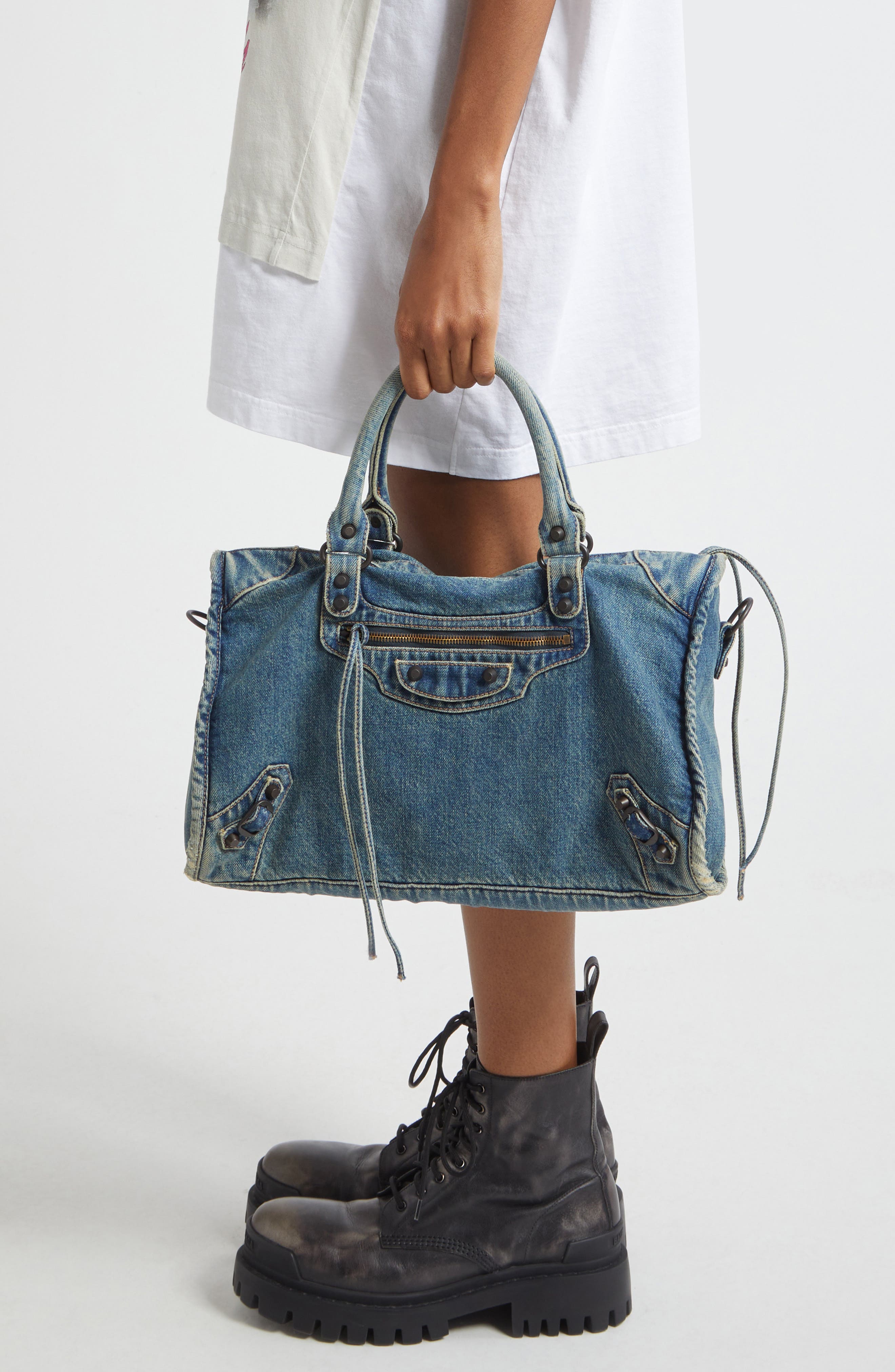 Balenciaga Medium Le City Denim Satchel, Alternate, color, 4727 Blue