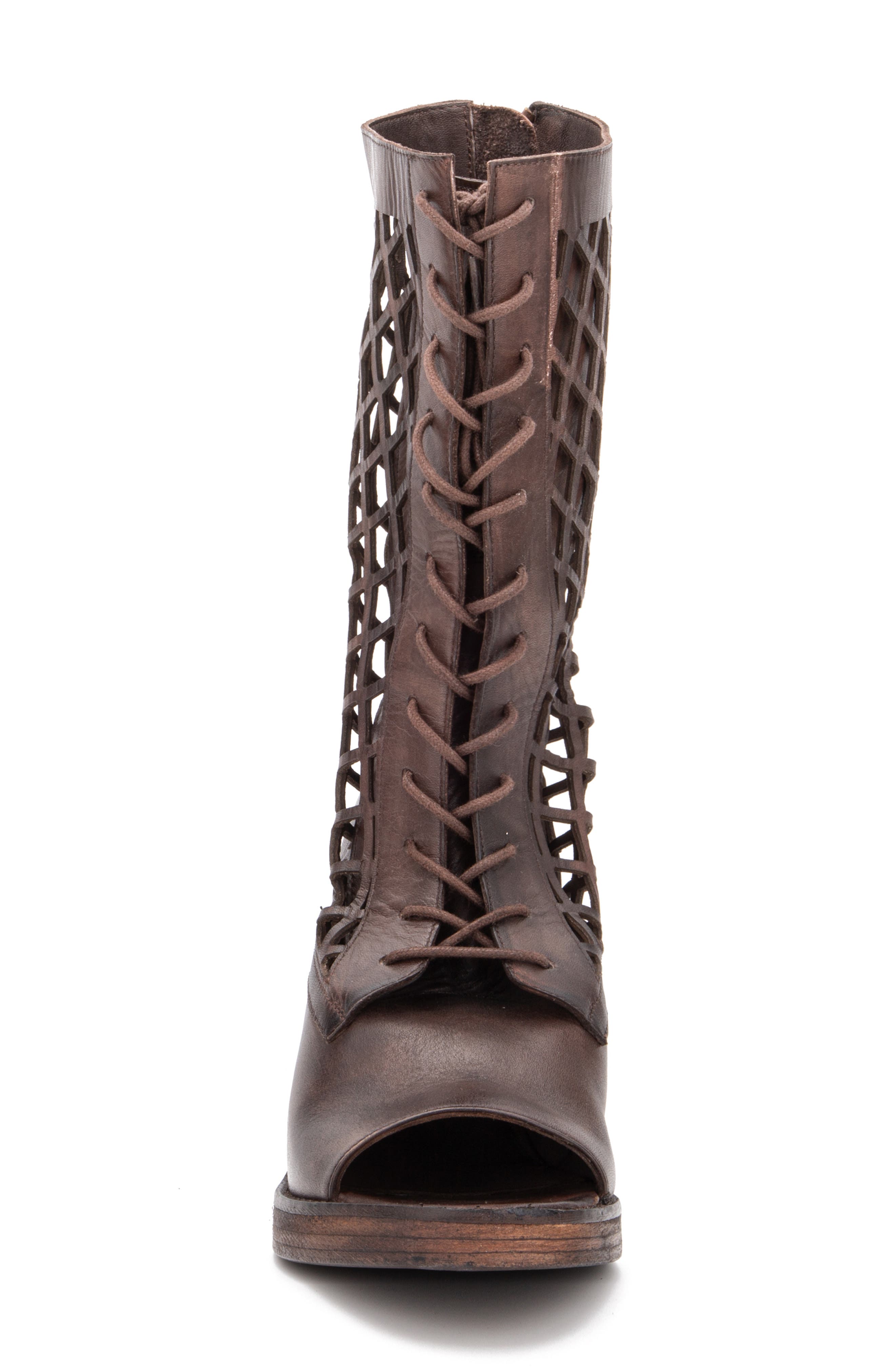 Normandy Leather Fishnet Cutout Block Heel Boot, Alternate, color, BROWN