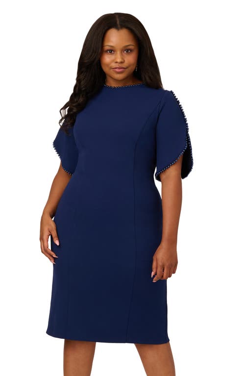 Adrianna Papell Imitation Pearl Detail Crepe Sheath Dress In Navy Sateen