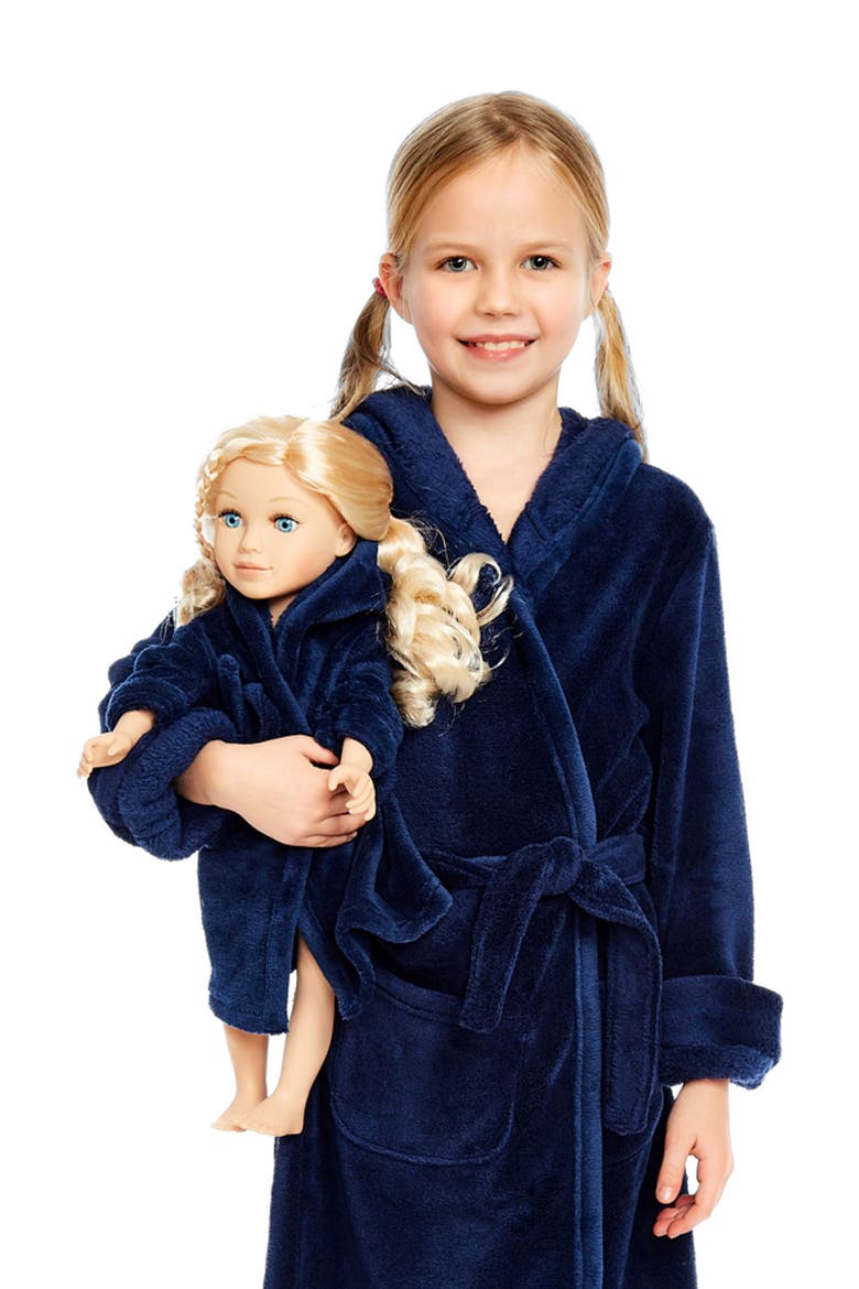 Girls Fleece Hooded Robe with Matching Doll Robe, Alternate, color, Navy