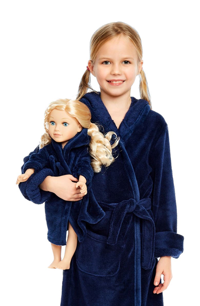 Leveret Girls Fleece Hooded Robe with Matching Doll Robe, Alternate, color, Navy