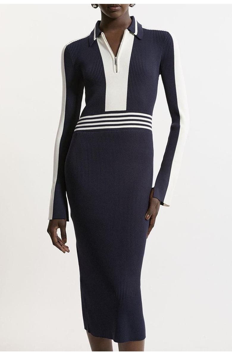 Karen Millen Rib Knit Polo Zip Up Midi Dress, Alternate, color, Navy