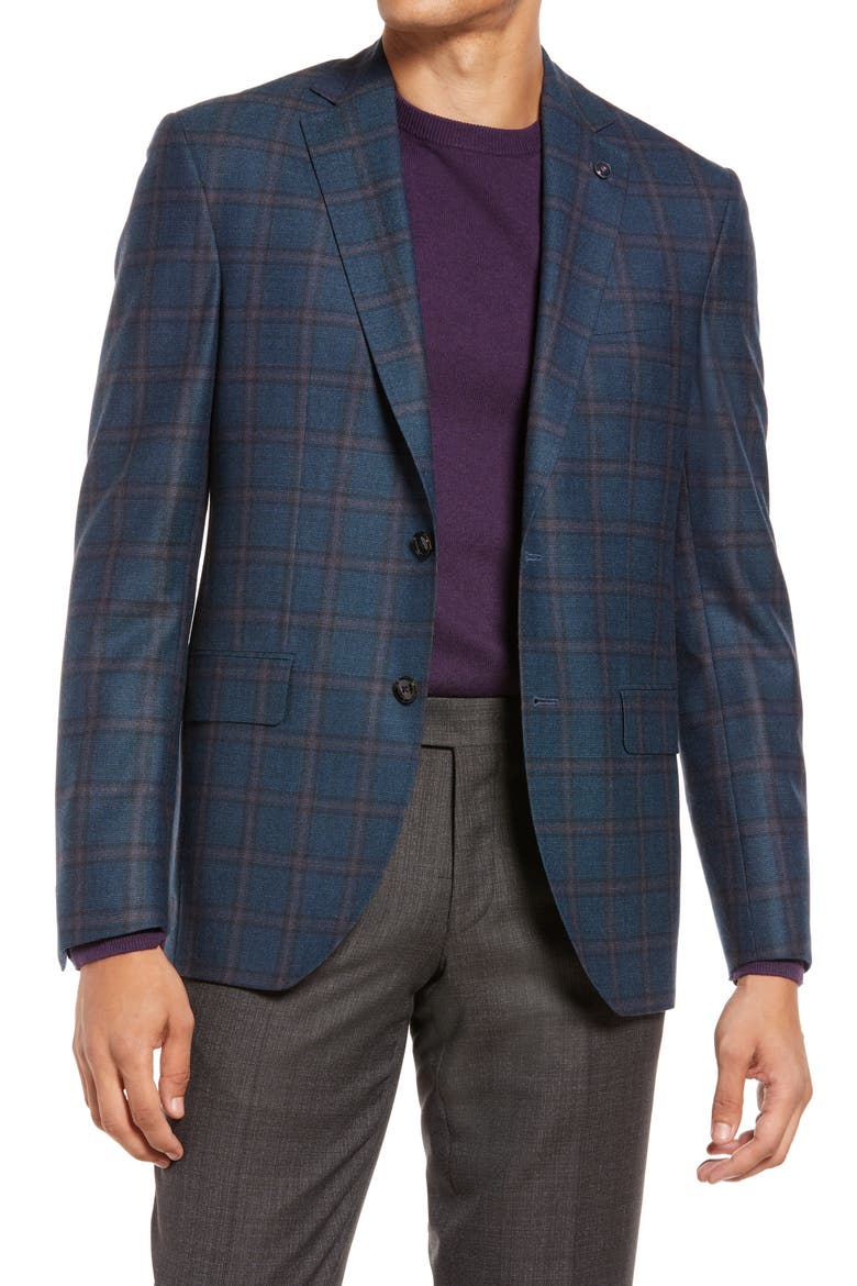 Karl Slim Fit Windowpane Wool Sport Coat, Main, color, TEAL