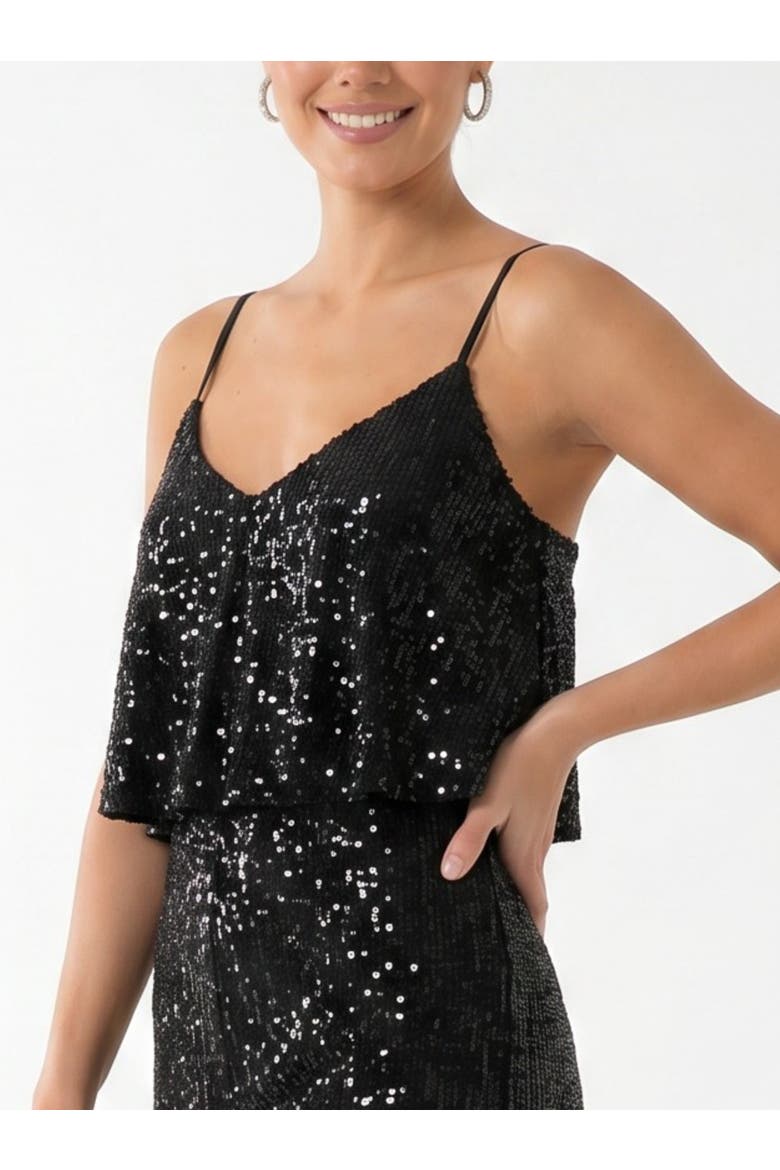 Sequin Tara Ruffle Jumpsuit, Alternate, color, Black