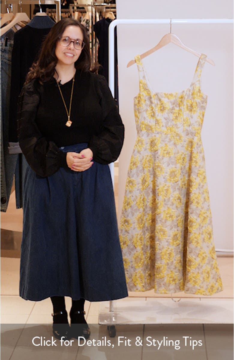 Golden Metallic Floral Midi Cocktail Dress, sales video thumbnail