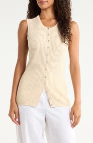 Faherty Miramar Rib Knit Linen & Cotton Blend Button-Up Sweater Tank
