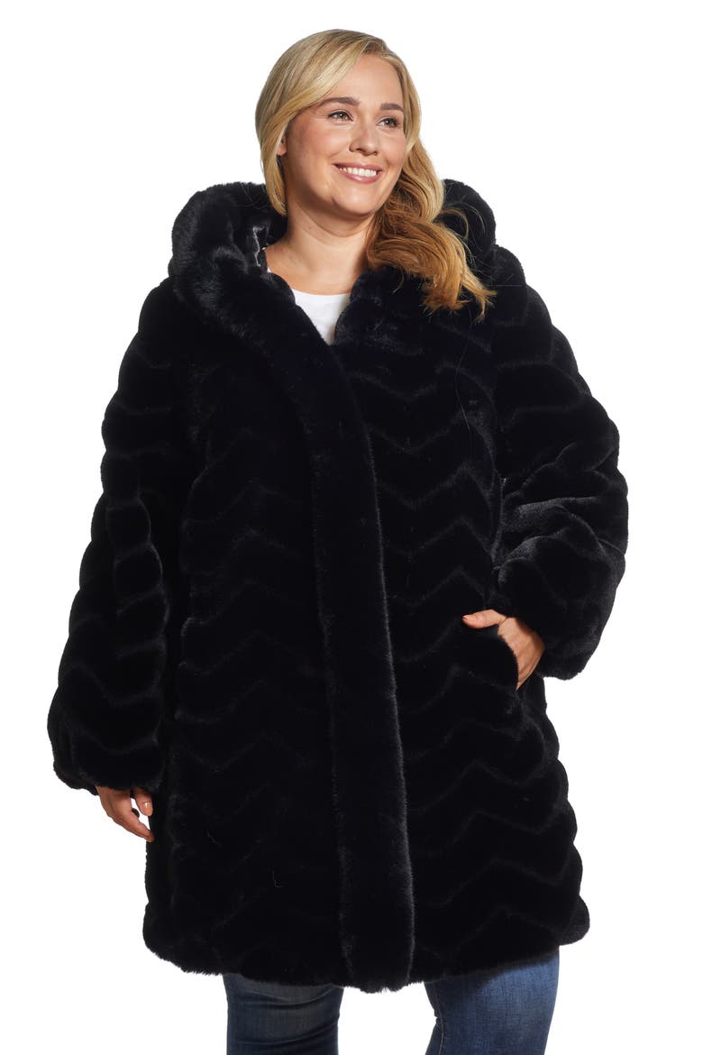 Hooded Faux Fur Jacket, Alternate, color, BLACK