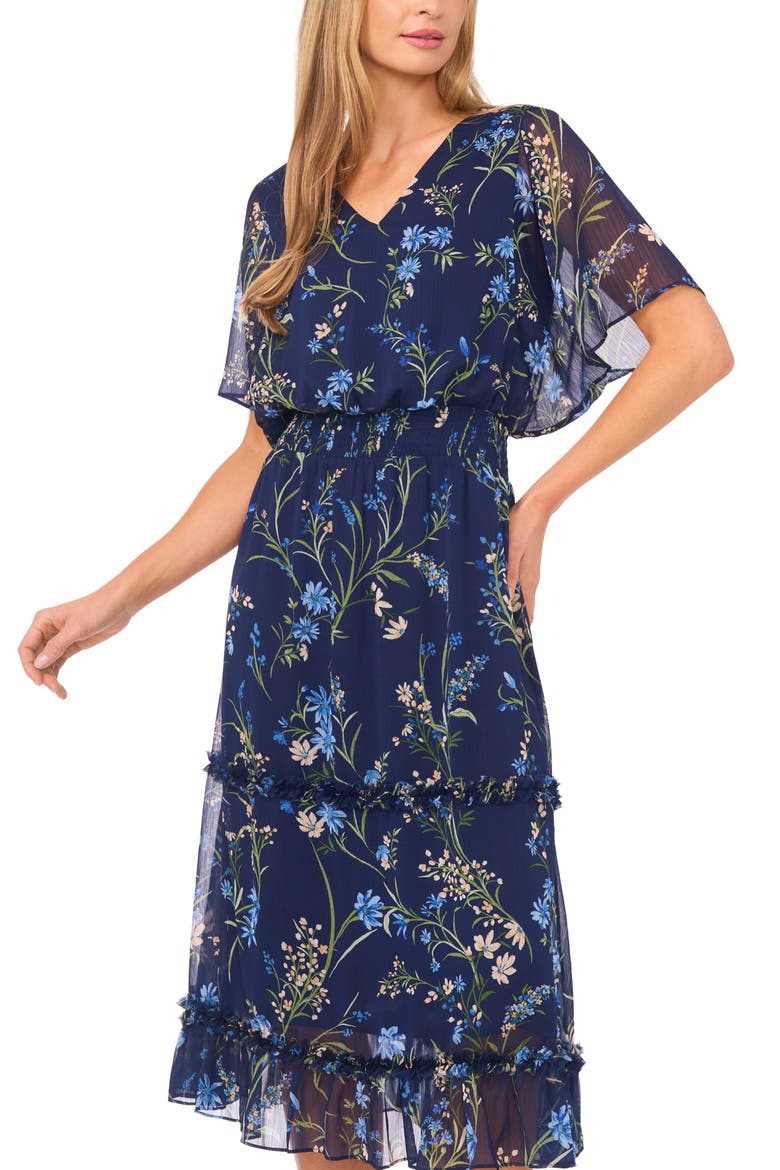 Floral Smock Waist Midi Dress, Alternate, color, CLASSIC NAVY