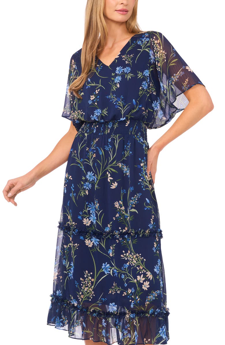 CeCe Floral Smock Waist Midi Dress, Alternate, color, Classic Navy