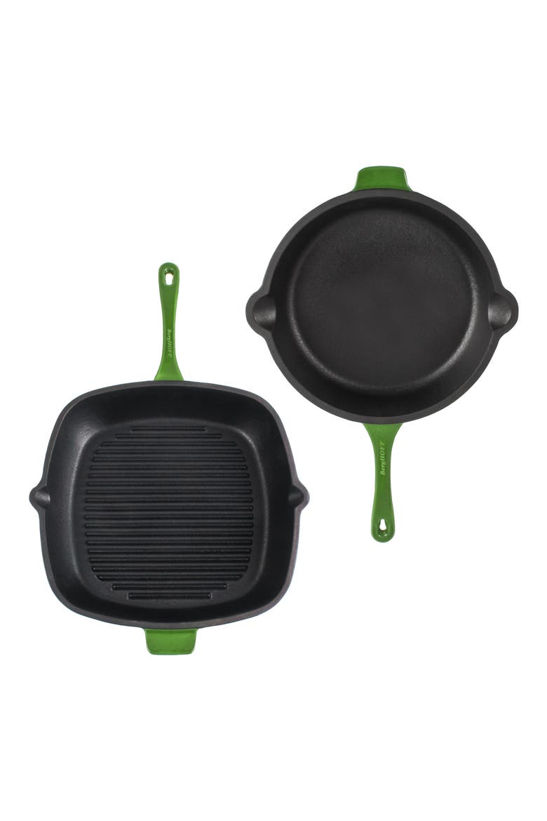 Neo 2-Piece Cast Iron Fry Pan & Grill Pan Set, Main, color, GREEN