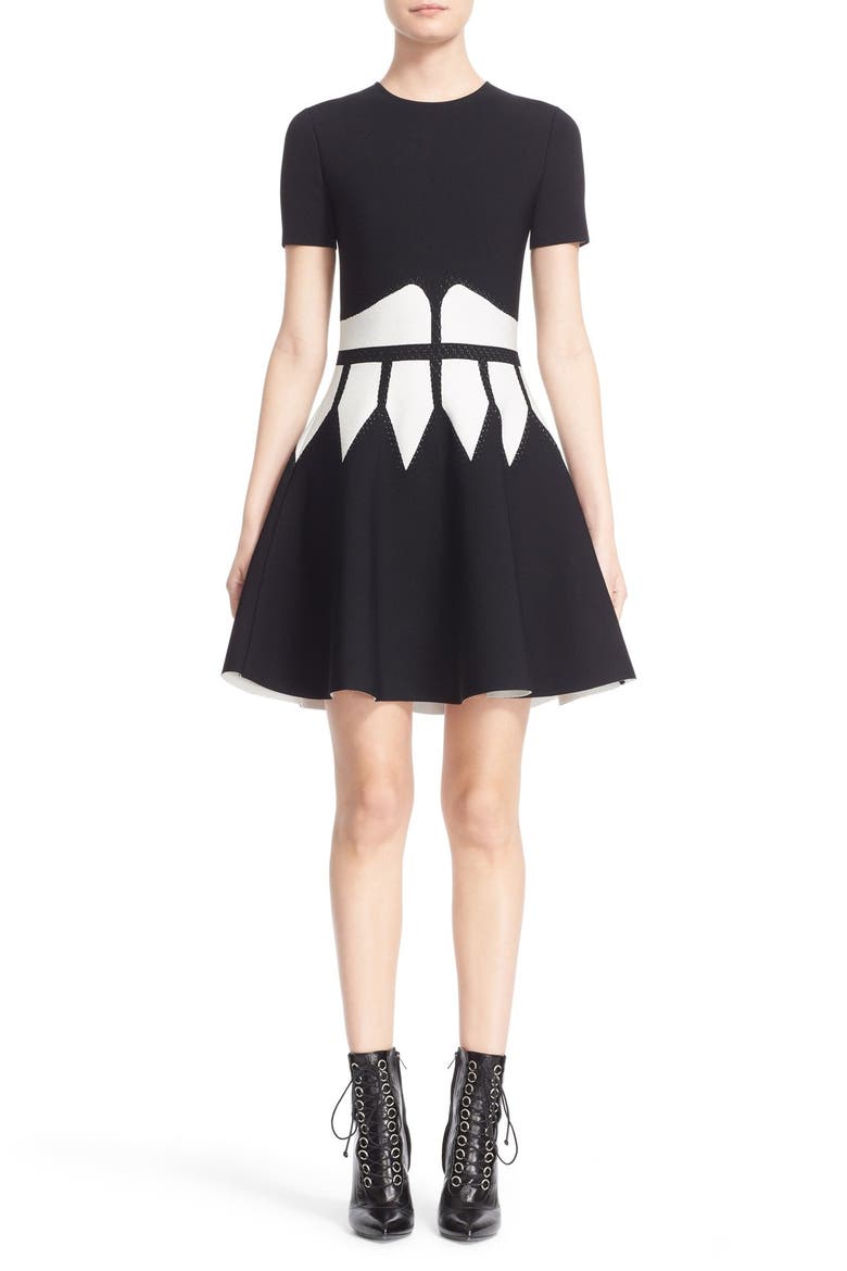 Alexander McQueen Intarsia Knit Fit & Flare Dress, Main, color, BLACK/ WHITE