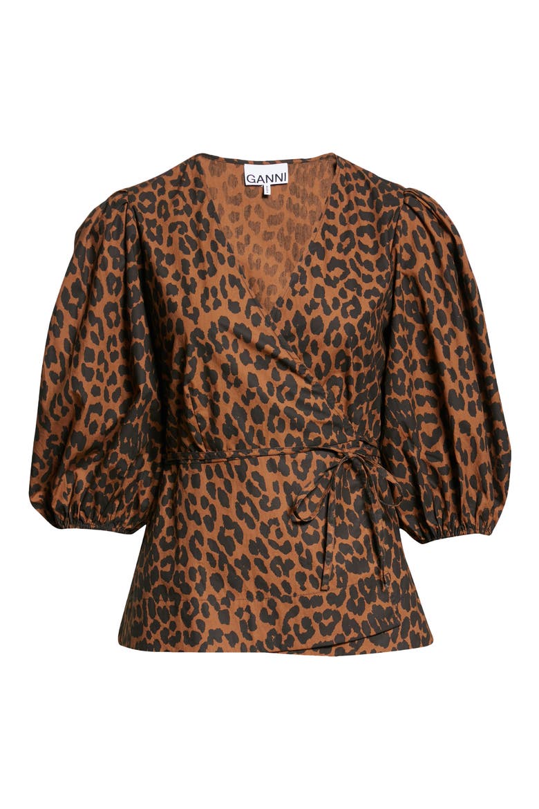 Leopard Print Balloon Sleeve Organic Cotton Wrap Top, Alternate, color, TOFFEE