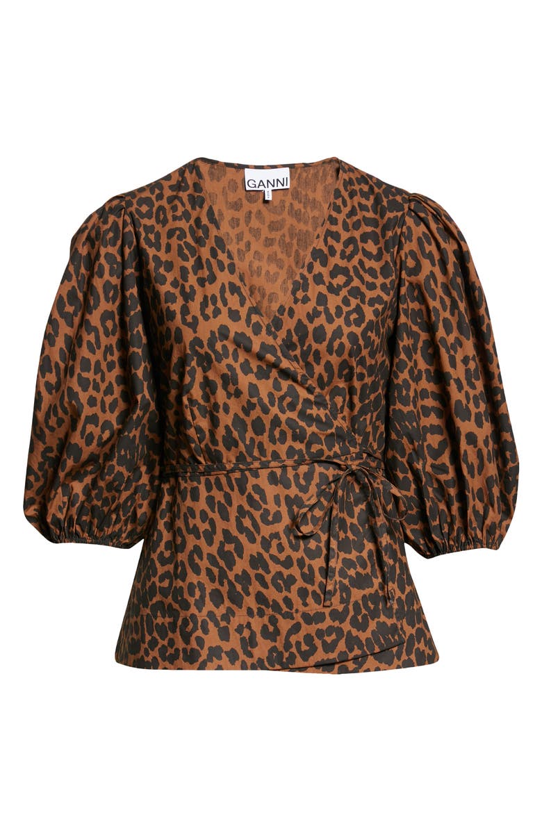 Ganni Leopard Print Balloon Sleeve Organic Cotton Wrap Top, Alternate, color, 
