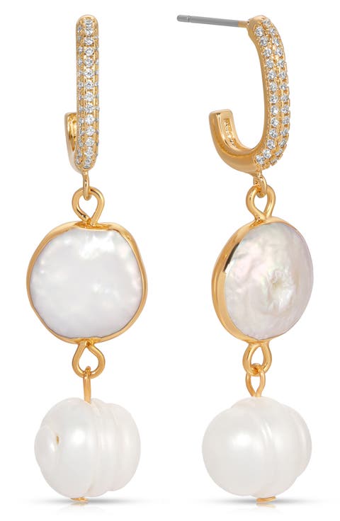 Cultured Freshwater Pearl Drop Huggie Hoop Earrings