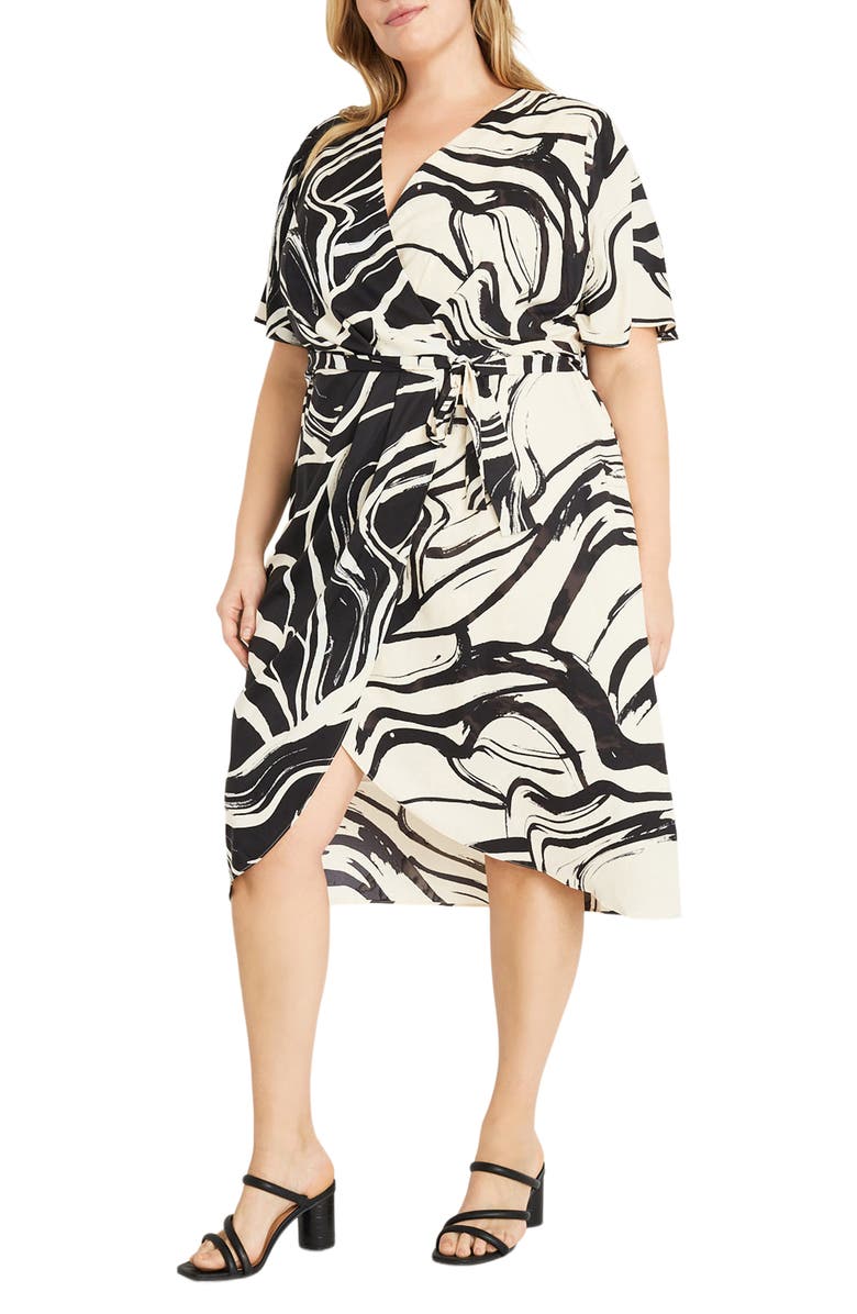 Donna Morgan Swirl Flutter Sleeve Midi Wrap Dress, Alternate, color, Black/ Cream