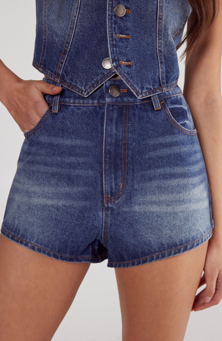 NASTY GAL Faux Pearl Trim Denim Shorts, Main, color, Authentic Midwash