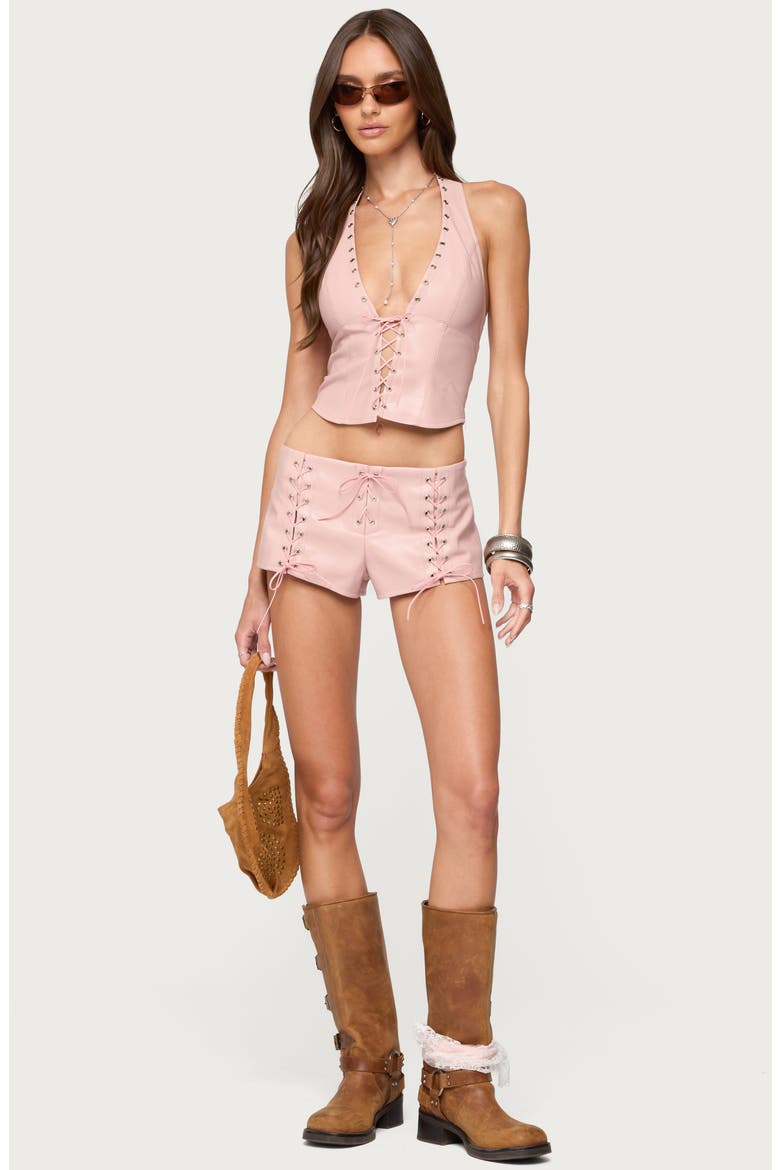 Elisha Lace-Up Faux Leather Halter Top, Alternate, color, PINK