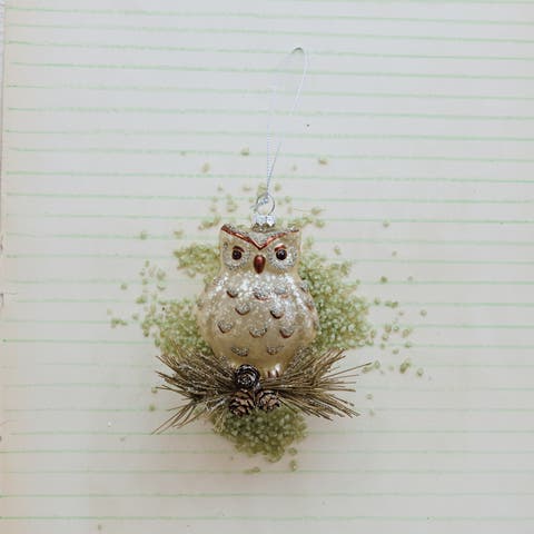 Mercury Glass Owl Ornament with Glitter Pinecones