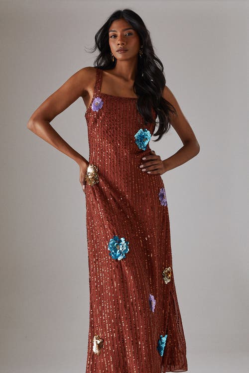 Warehouse Hand Embellished Flower Burst Midi Dress In Brown
