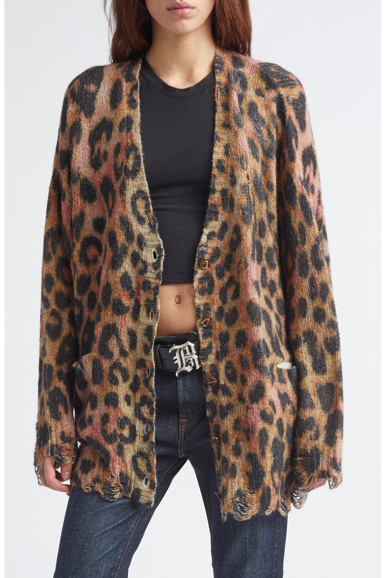 Oversize Distressed Leopard Print Cashmere Cardigan, Main, color, LIGHT BROWN PINK LEOPARD