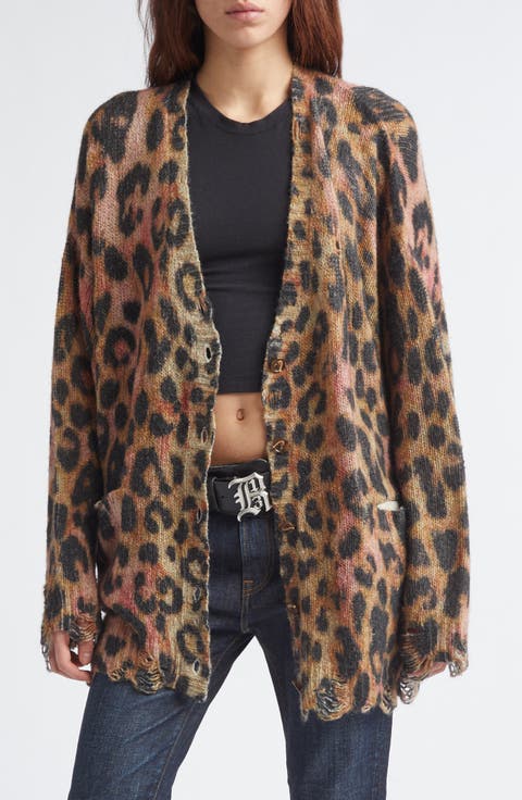 Oversize Distressed Leopard Print Cashmere Cardigan