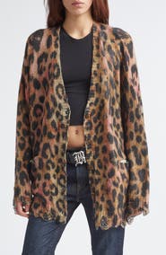R13 Oversize Distressed Leopard Print Cashmere Cardigan