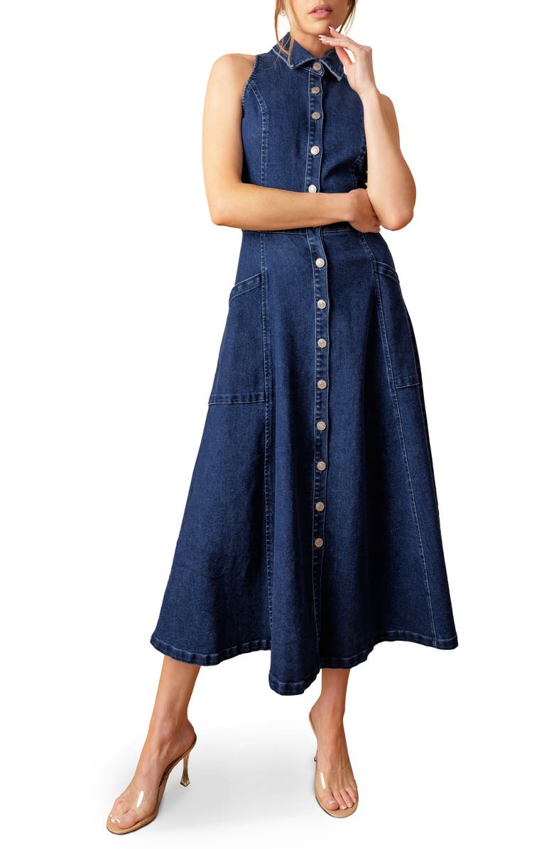 FLYING TOMATO Sleeveless Denim Maxi Shirtdress, Main, color, Medium Indigo