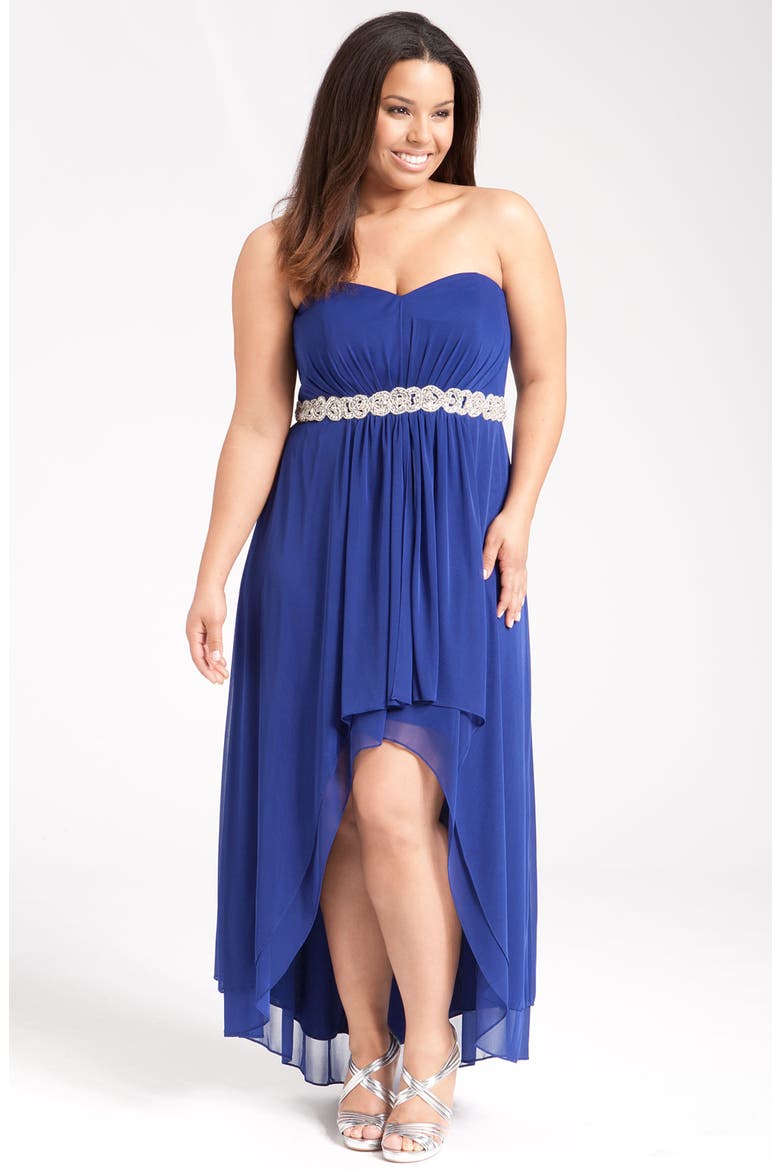 Xscape Strapless Asymmetric Chiffon Dress, Main, color, ROYAL TIARA