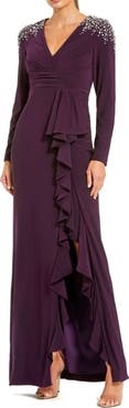 Mac Duggal Long Sleeve Gown with Cascading Ruffle & Rhinestone Shoulders