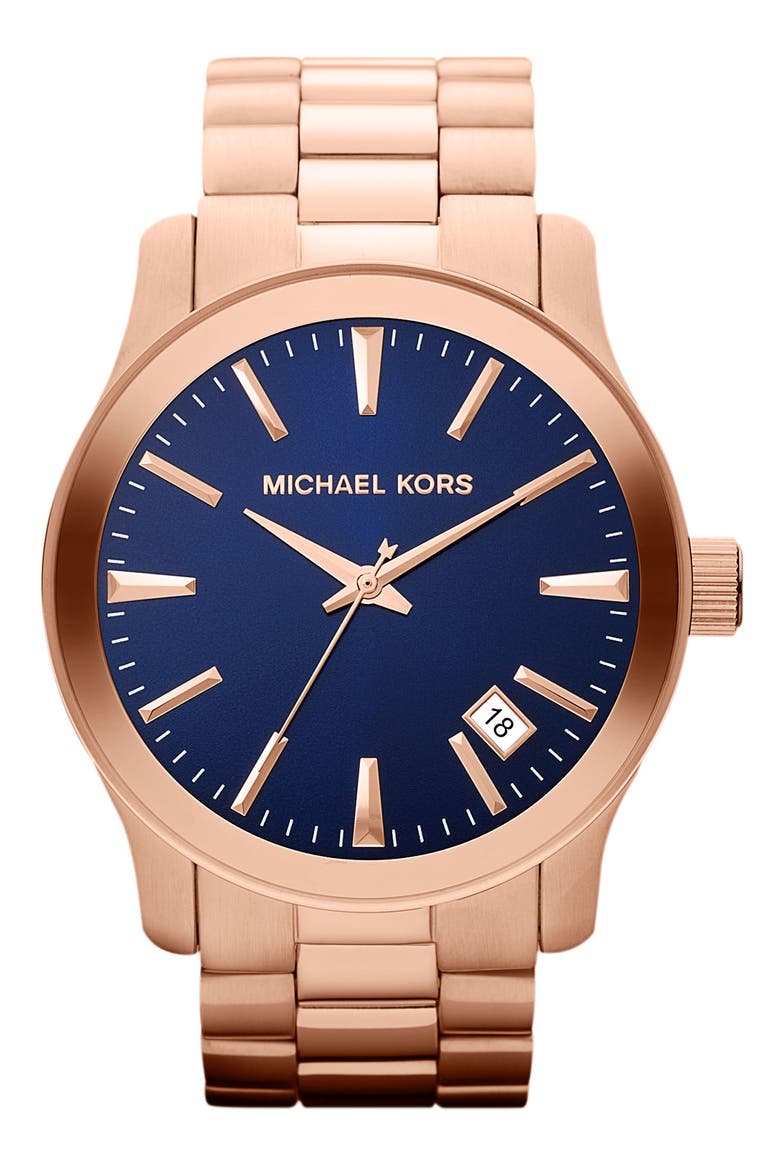 Michael Kors 'Large Runway' Blue Dial Bracelet Watch, 45mm, Main, color, ROSE GOLD/ NAVY