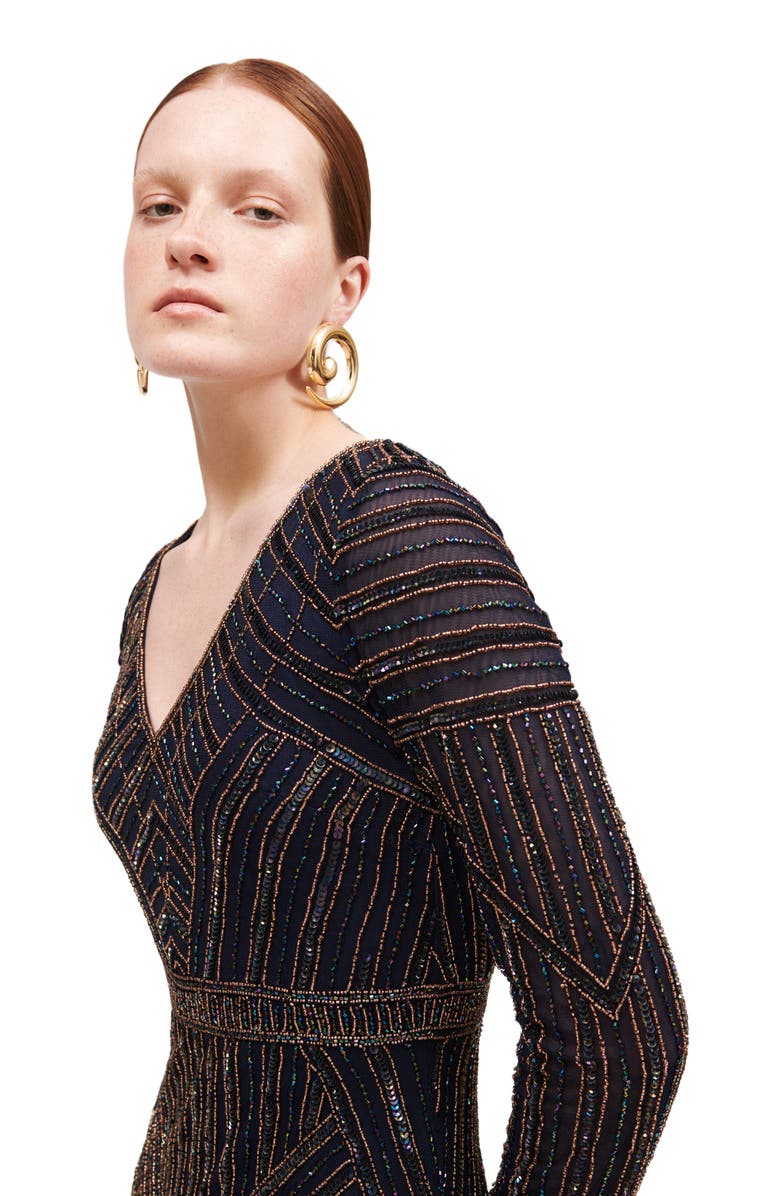 BEAUUT Occasion Embellished Sequin Beaded V Neck With Long Sleeves Evening Maxi Dress, Alternate, color, 