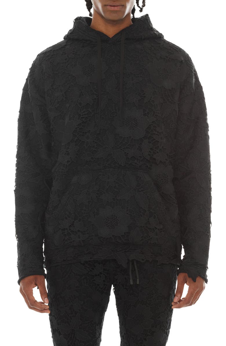 Cult of Individuality Signature Lace Overlay French Terry Pullover Hoodie, Main, color, Lace