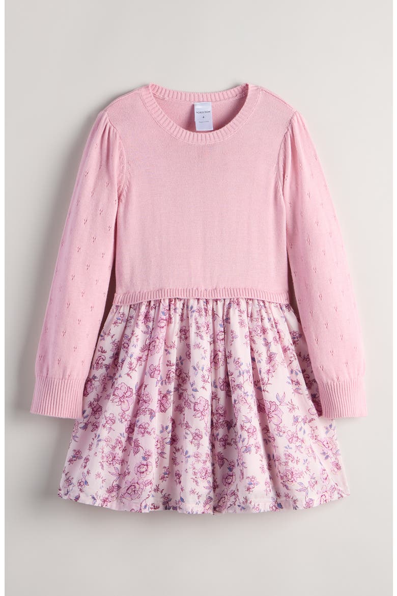 Kids' Mixed Media Dress, Main, color, PINK SODA STAMP FLORAL PINK