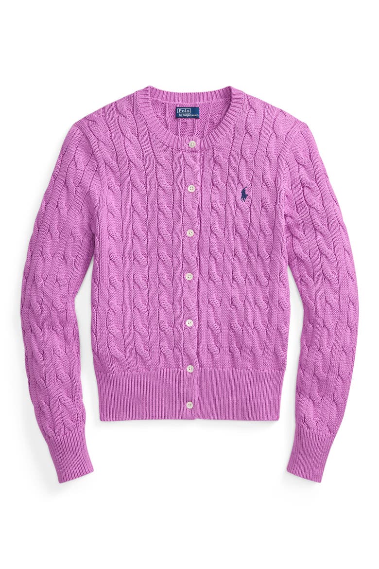 Cable Stitch Cotton Crewneck Cardigan, Alternate, color, THISTLE PINK