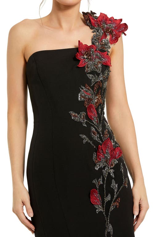 Mac Duggal One Shoulder 3d Floral Embroidery Mermaid Gown In Black