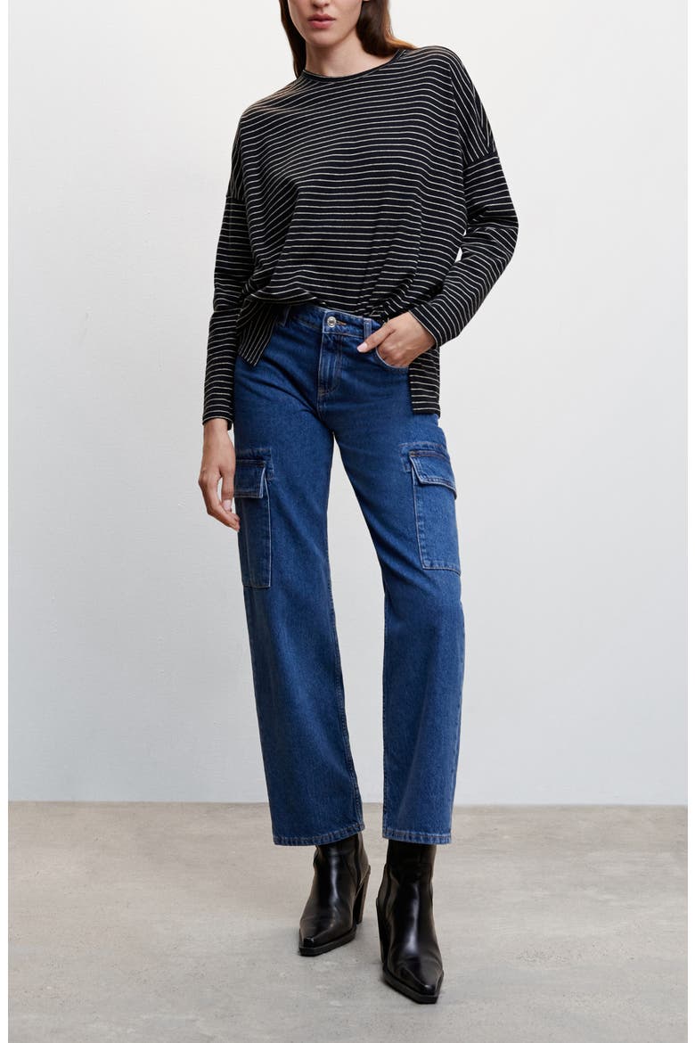 Stripe Long Sleeve Cotton & Linen T-Shirt, Alternate, color, BLACK