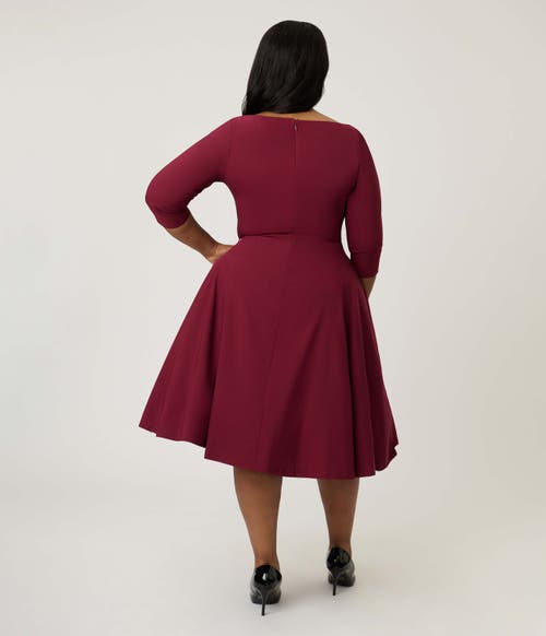Unique Vintage Plus Size Pleated Bust Swing Dress In Burgundy