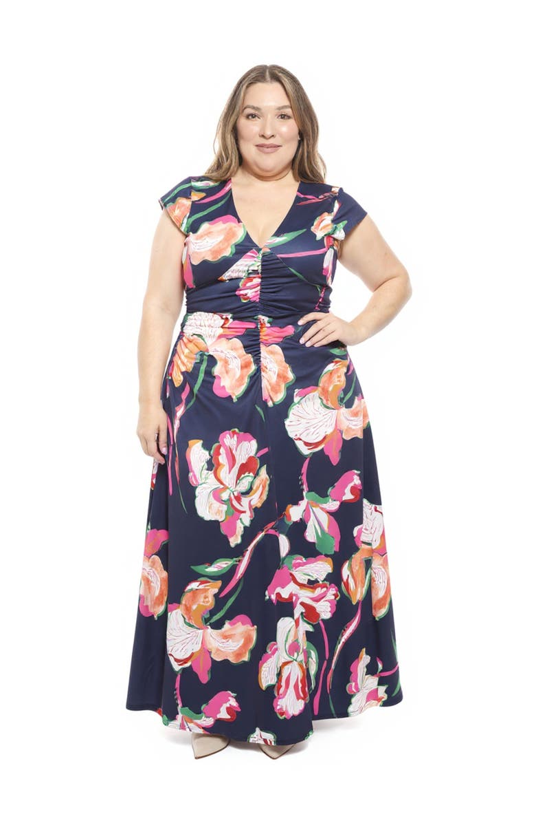 24seven Comfort Apparel Plus Size Floral V-Neck Cap Sleeve Ruched Front Maxi Length Dress, Main, color, Navy Multi